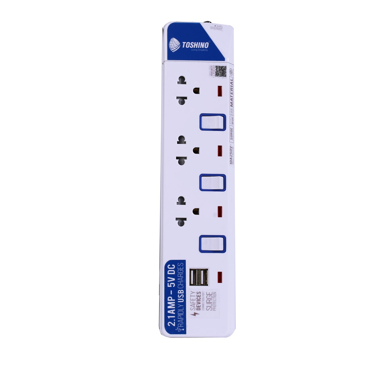 รูปภาพของ รางปลั๊กไฟโตชิโน ET-913USB 3จุด+2USB,มี Surge 3เมตร สีขาว (มอก.)(1x24), 10A/2300W