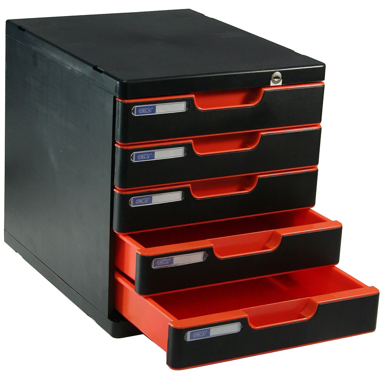 รูปภาพของ ตู้เอกสาร ออร์ก้า LFB-5 โครงดำ ลิ้นชักส้มทีบ, มีกุญแจล็อค, 25 x 34 x 26 ซม.